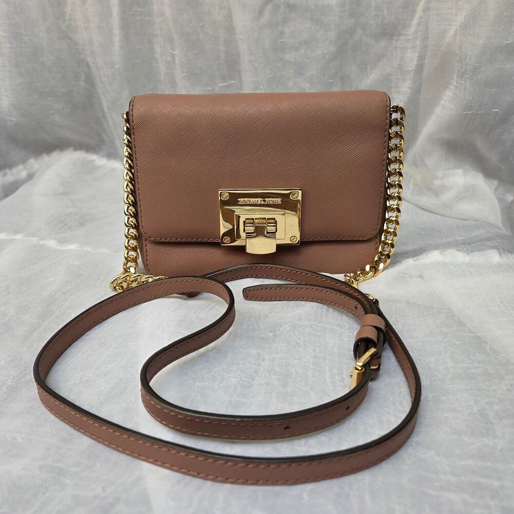 Michael Kors Small Tina Saffiano Leather Clutch Crossbody Bag in Dusty Rose Pink